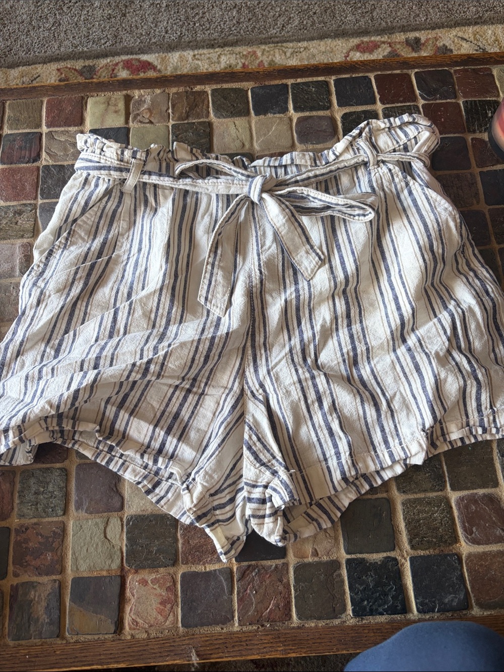 a.n.a Striped Paperbag Waist Shorts - Blue and Cream